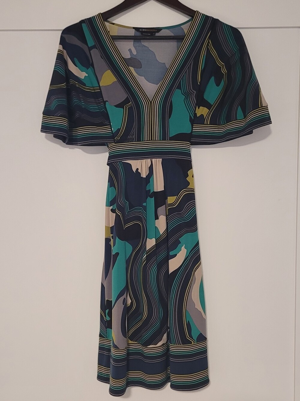 BCBGMaxAzria Abstract Print Flutter Sleeve Midi Dress Blue Teal Yellow